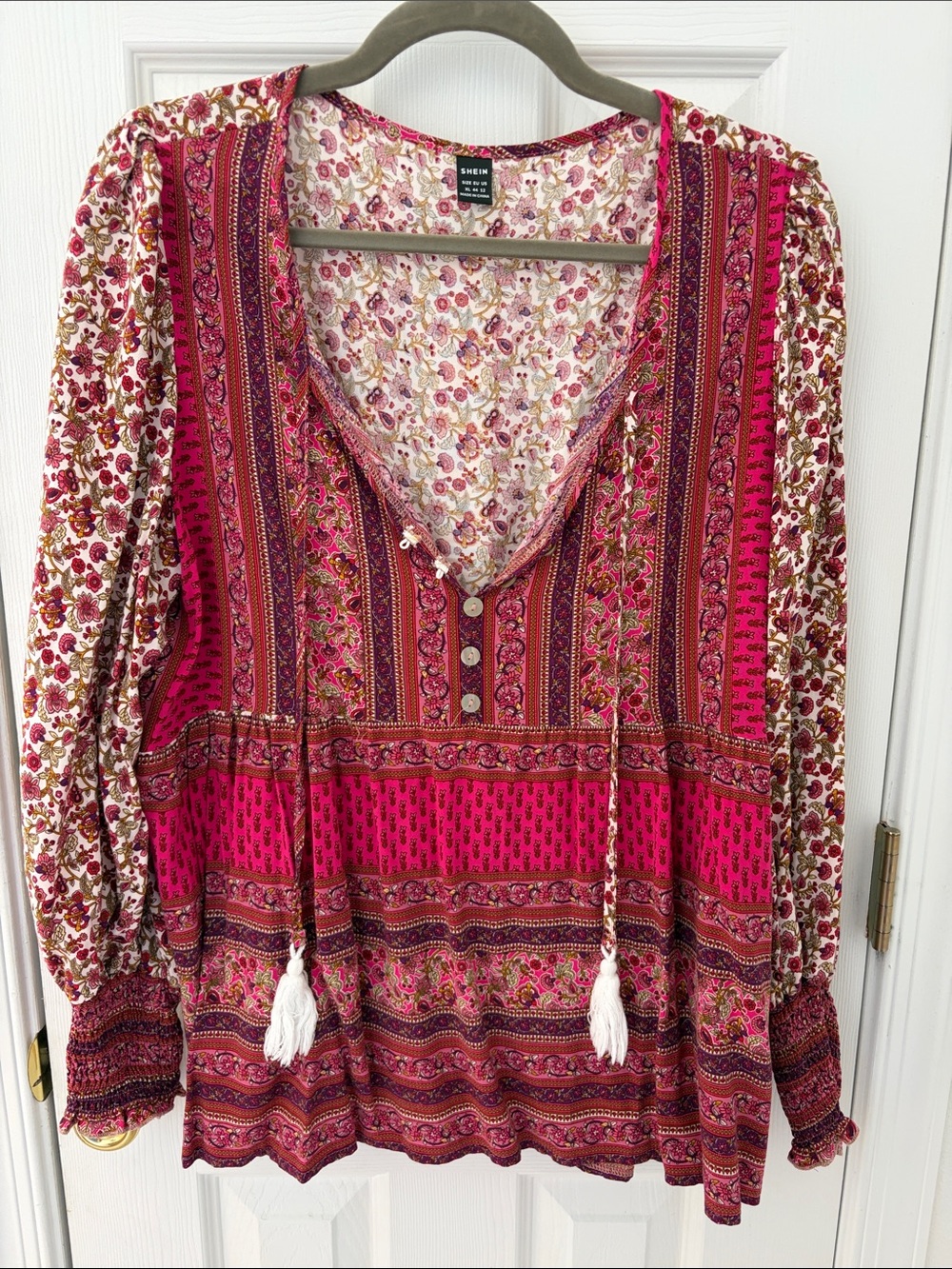 SHEIN Fuchsia Pink Mixed-Print Boho Peasant Tunic